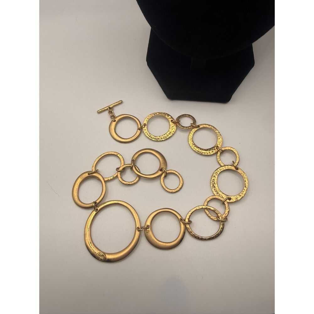 Vintage Premier Designs Hammered Gold Circle Link Statement Necklace Choker 11"